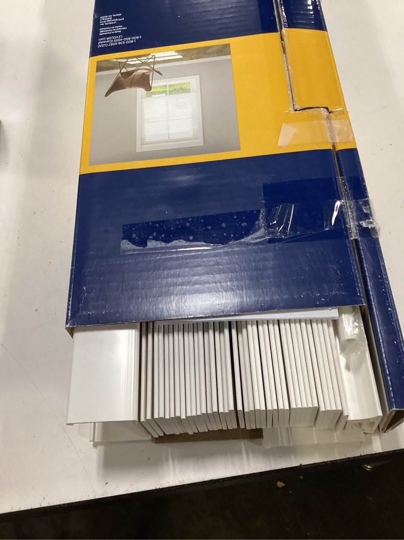 Condition photo showing New/Like New for levolor trim+go 2-in slat width 27-in x 64-in cordless white faux wood room darkening full-view standard horizontal blinds