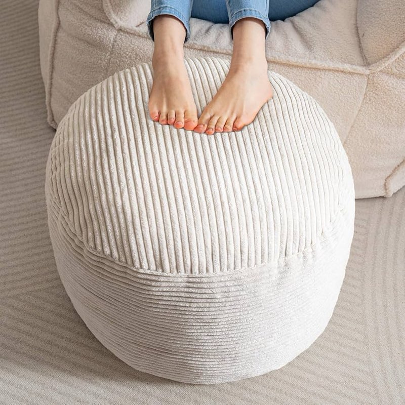 HIGOGOGO Round Stuffed Pouf Ottoman, Corduroy Poufs with Foam Chunk Filling, Furry and Fluffy Pouf Foot Stool Storage Ottoman, 26 X 18 Floor Poufs Foot Rest for Living Room, Beige