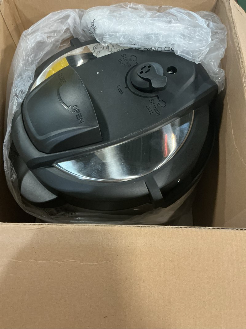 Condition photo showing As Is for presto 02141 6-quart electric pressure cooker, black, silver, stainless steel