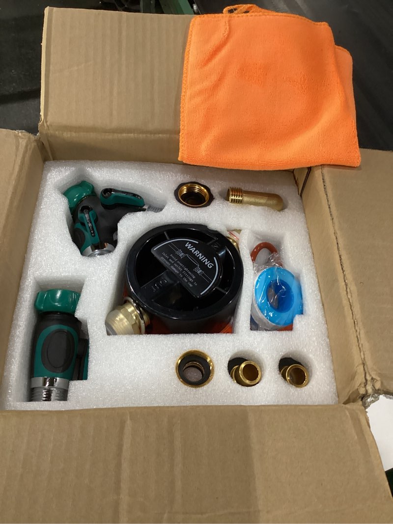 Condition photo showing New/Like New for rv water softener portable - 16,000 grain, 3/4" ght fittings, convenient water softener for rvs, trailers, boats, mobile car washing, pressure washing orange water softener 16000 grains.