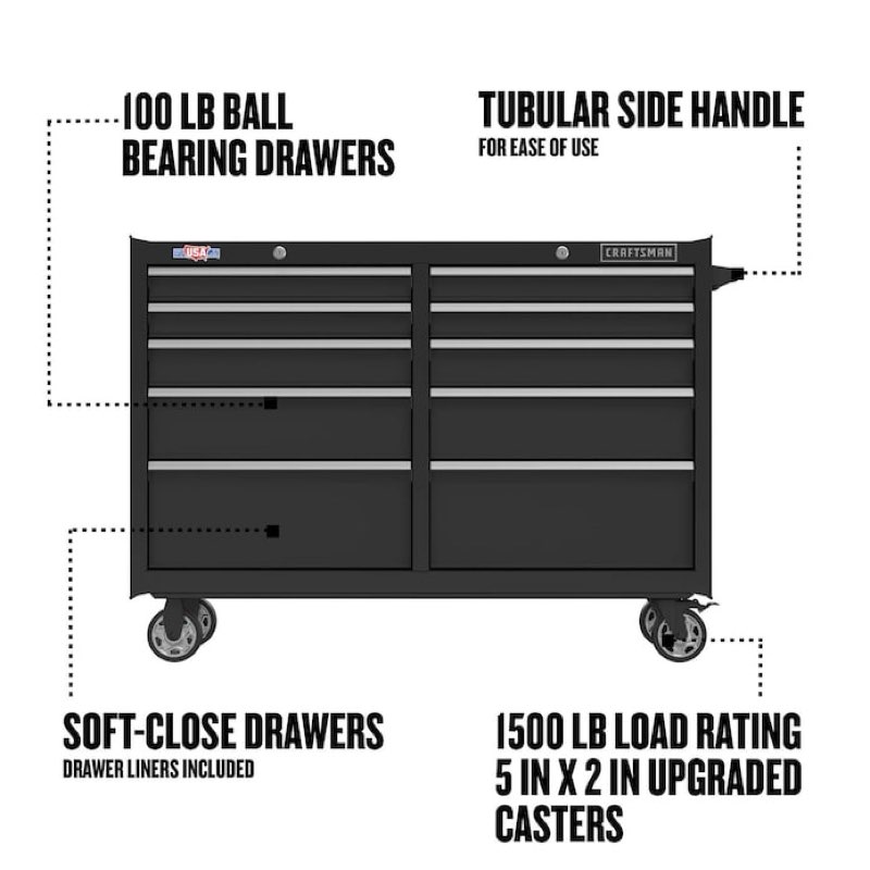 craftsman 2000 series 52-in w x 37.5-in h 10-drawer steel rolling tool cabinet (black)