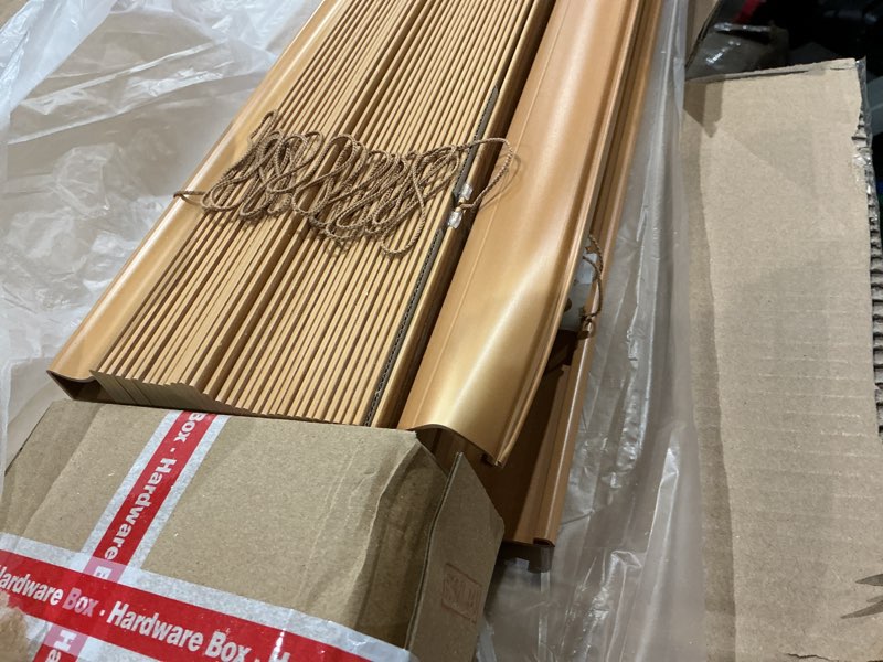 Condition photo showing As Is for chestnut cordless premium faux wood blinds with 2.5 in. slats 