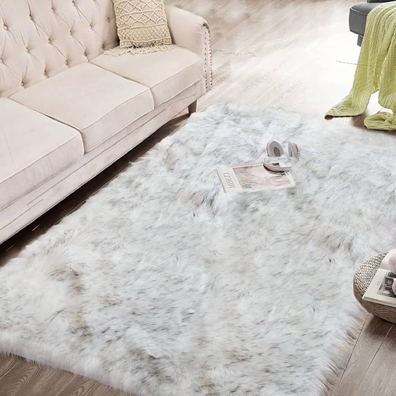 ORINOVA White and Grey 4X6 Faux Sheepskin Shag Fur Runner Rugs for Living Room Bedroom Fluffy Washab