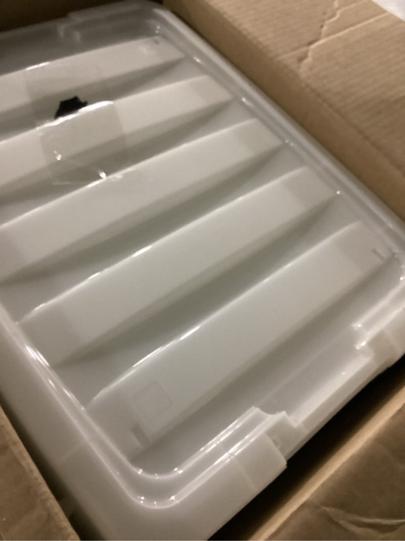 Condition photo showing New/Like New for iris usa 32 qt stackable plastic storage bins with lids, 6 pack - bpa-free, made in usa - discreet organizing solution, latches, durable nestable containers, secure pull handle - pearl