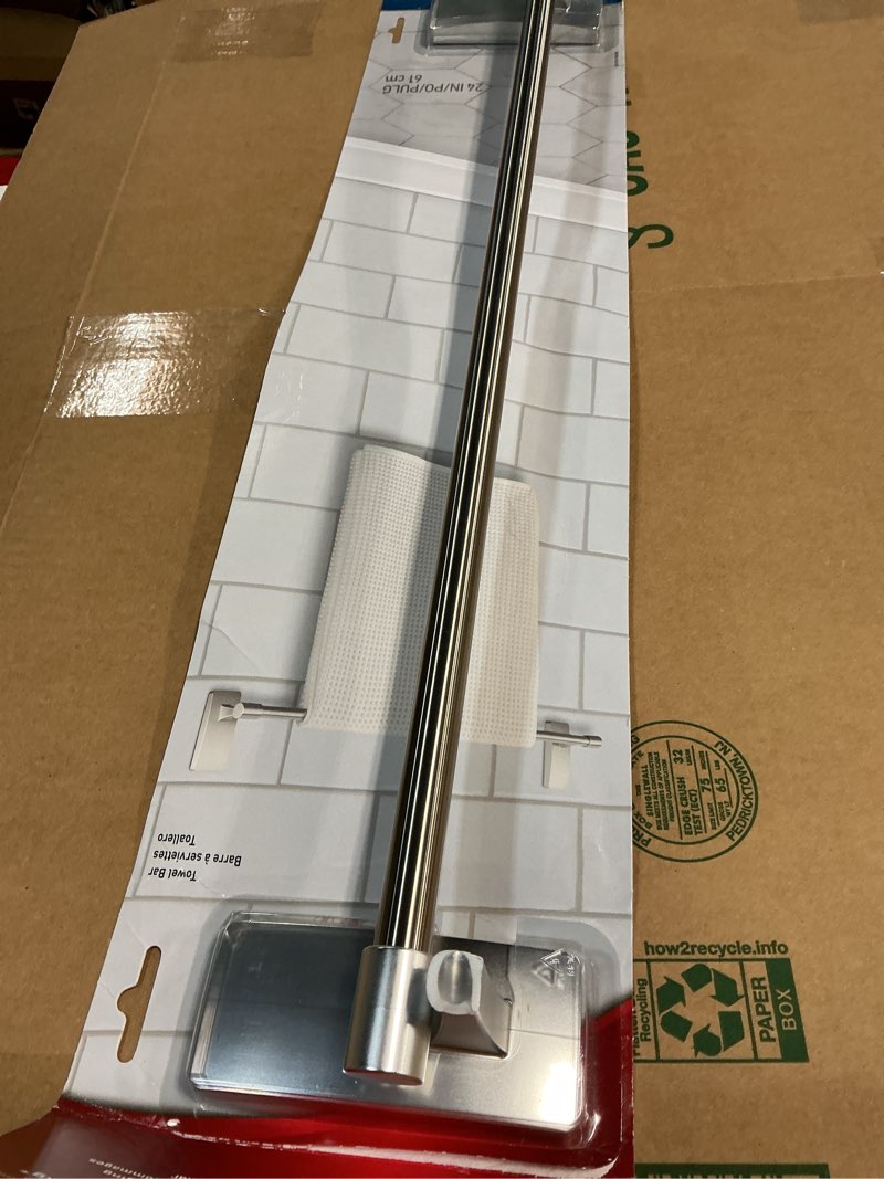 Condition photo showing As Is for command bath satin nickel towel bar with water resistant command strips, bathroom organizer, 24 in bar length holds up to 10 lbs