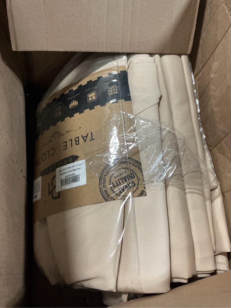 Condition photo showing Good Condition for brillmax 6 pack beige round tablecloths 120 inch for 60” tables - 150 gsm polyester fabric, floor length drop, water, stain & wrinkle resistant cloth cover for wedding reception banquet dining beige 120 in, 6 pack