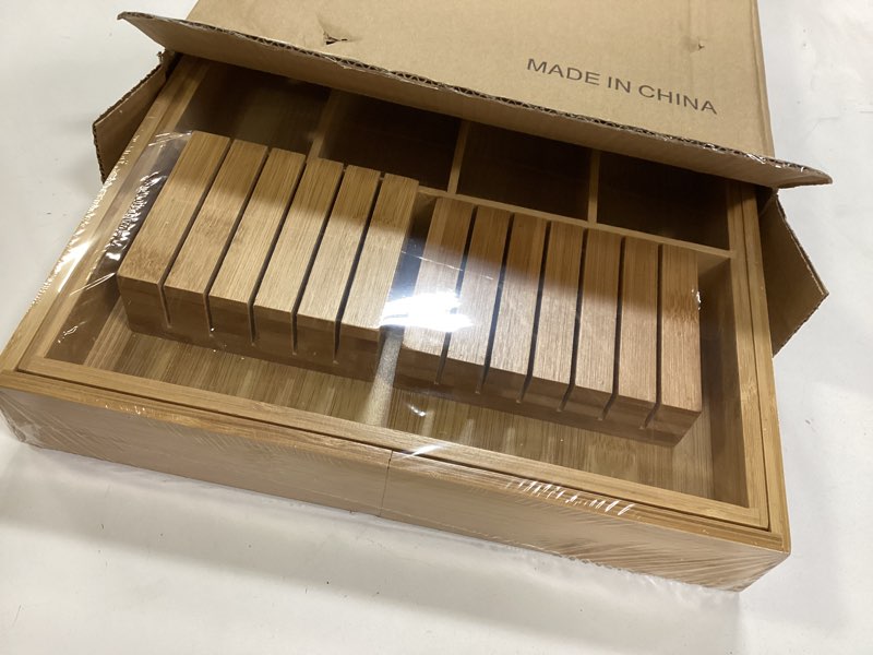 Condition photo showing New/Like New for Bamboo Natural Expandable Kitchen Drawer Organizer, Cutlery Tray with Multiple Compartments, Wooden Flatware Storage Solution