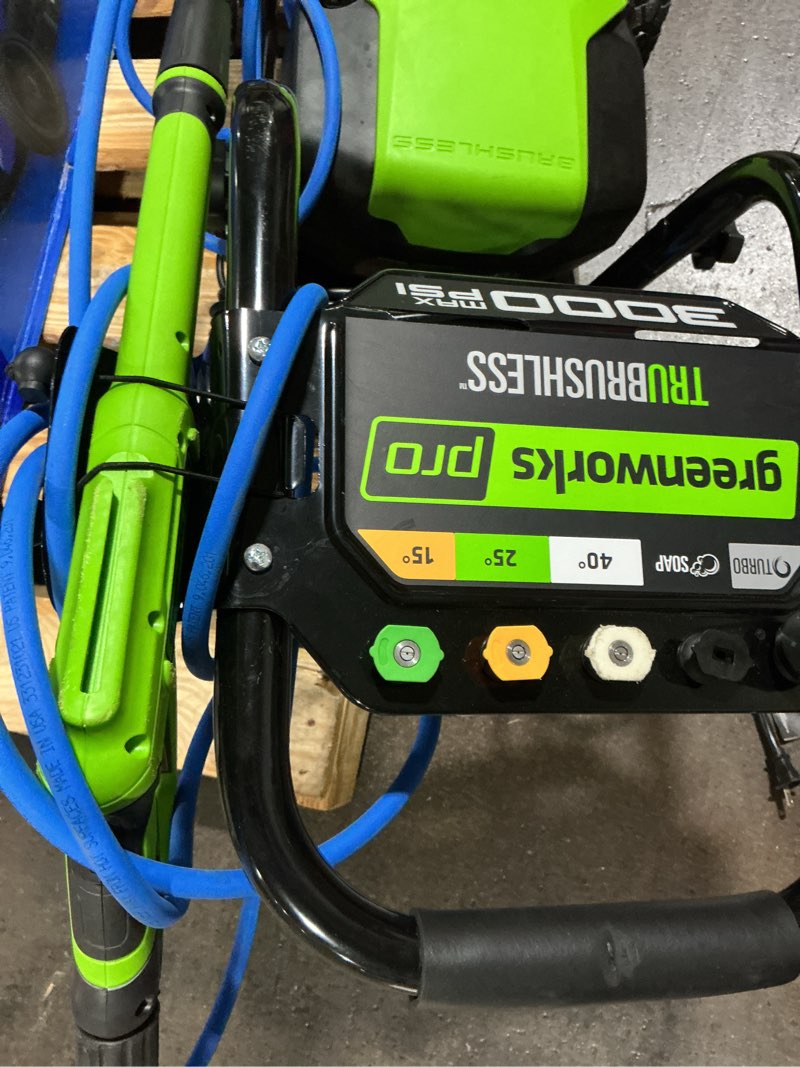 Condition photo showing As Is for greenworks pro 2700-psi 2.3-gpm cold water electric pressure washer with 5 spray tips