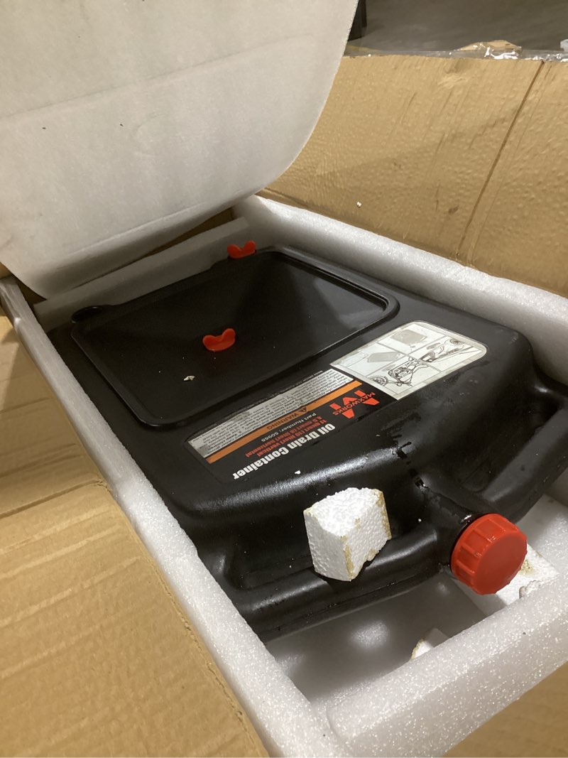 Condition photo showing As Is for maxworks 50965 low profile 8.5 quart (8 liter) oil drain container, fits most atv's tractors, lawn mowers, motorcycles and low clearance vehicles