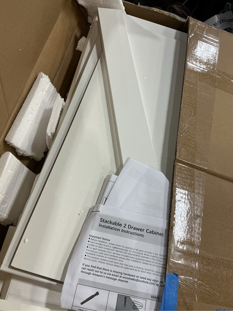 Condition photo showing As Is for woodtalks stackable 2 drawer dresser, multi-purpose storage closet cube dressers for bedroom, storage cabinet for entryway, nightstand sofa beside table drawer chest, 23.6 in, white 13.1"d x 23.6"w x 16.9"h (2 drawers) white