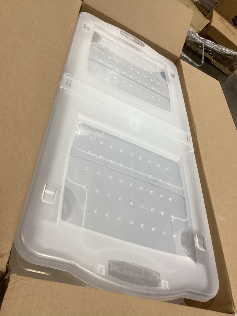 Condition photo showing As Is for Rubbermaid 70 Quart Under the Bed Low Profile Storage Boxes with Dual Hinged Lids and Easy Rolling Caster Wheels, Clear, 2 Pack Under the Bed - 2 Pack