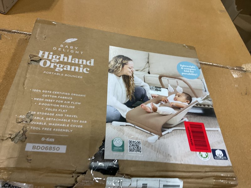 Condition photo showing New/Like New for baby delight highland organic baby bouncer | infant | 0 – 6 months | 3-position recline | organic mocha