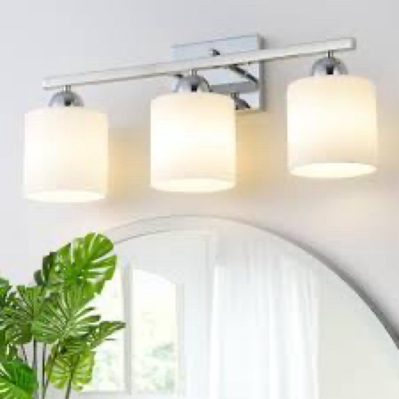 Mecgirn Stainless Steel Milk Glass Vanity Lights for Bathroom, 3 Light Polished Chrome Bathroom Ligh