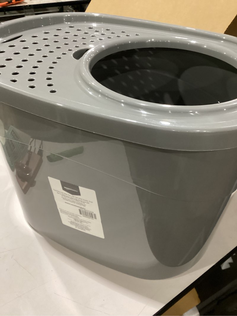 Condition photo showing New/Like New for amazon basics large cat litter box with high sides, top entry, includes scoop, 20.5 x 14.75 x 14.38 inches, grey
