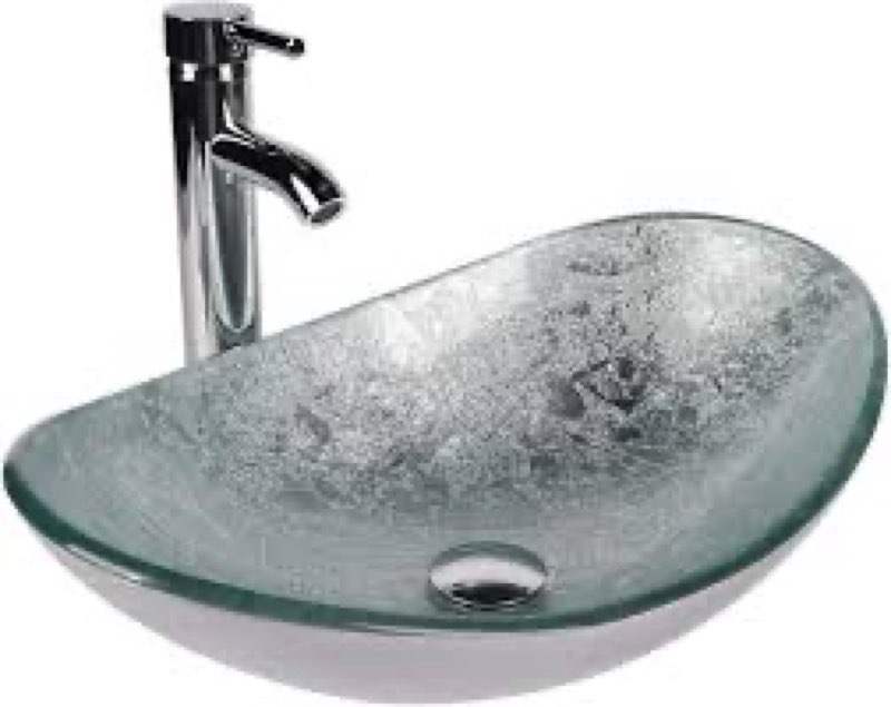 bathroom boat shape artistic glass vessel sink free chrome faucet and pop-up drain set, bluish grey