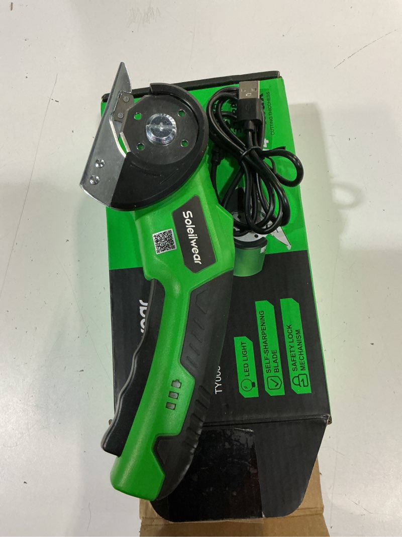 Condition photo showing Good Condition for cardboard cutter, rechargeable cordless electric scissors, 4v upgrade motor electric box cutter with 2 blades, safety lock & led light, powerful cutting for cardboard box, plastic, leather green