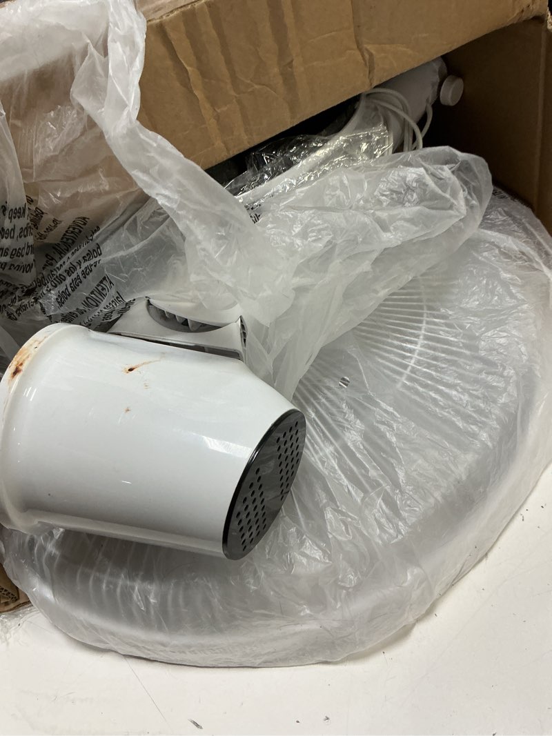 Condition photo showing As Is for amazon basics 16" dc motor standing floor fan, 12 speed with remote, 3 breeze modes, dual-layered blades (10 blades), timer, energy efficiency and quiet dc motor (28w), white 12-speed, dc motor