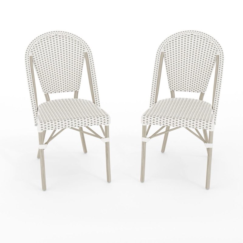 Martha Stewart Lily Pond Set of 2 Indoor-Outdoor Stackable Bistro Chairs with Woodgrain Aluminum Finish Frames and Woven Rattan Backs and Seats