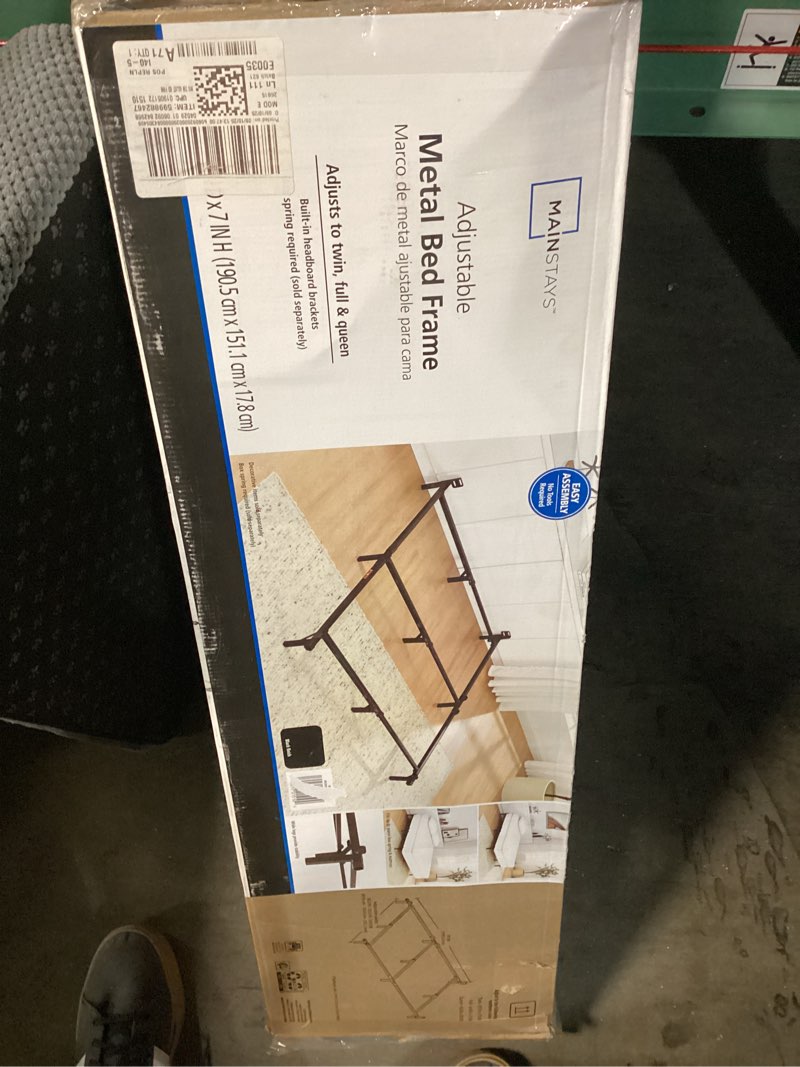 Condition photo showing New/Like New for mainstays 7" adjustable metal bed frame, black, adjusts twin - queen