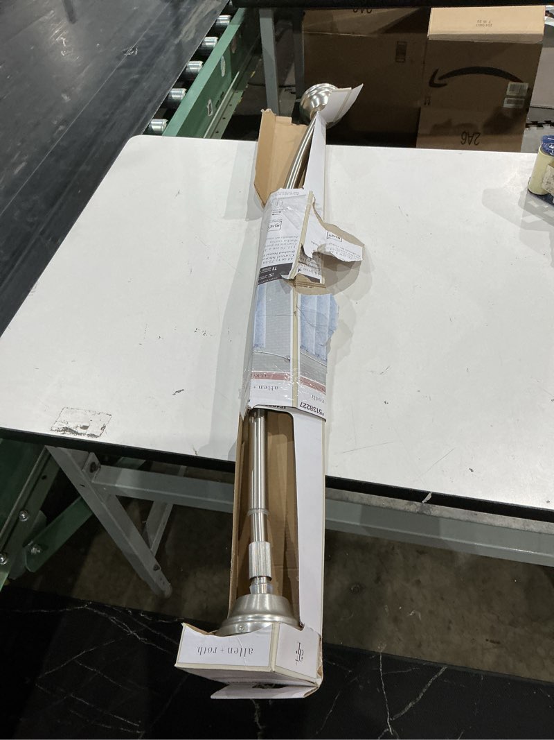 Condition photo showing As Is for allen + roth 44-in to 72-in brushed nickel fixed or tension single curve adjustable shower curtain rod
