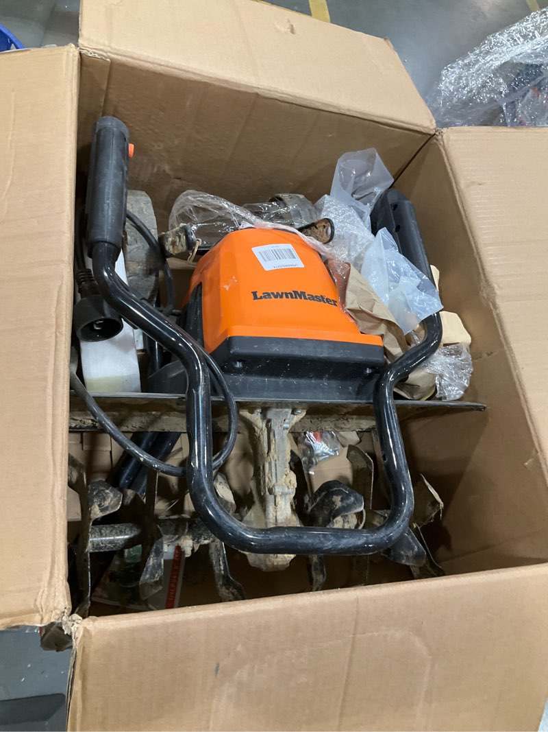 Condition photo showing As Is for lawnmaster 13.5 amp 18” electric tiller – te1318m