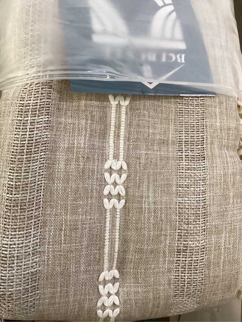 Condition photo showing Good Condition for linen curtains 84 inches long - embroidery striped farmhouse for living room, tassel boho for bedroom, light filtering 2 panels set rod pocket drapes (52" w x 84" l, khaki) khaki embroidery 52"w x 84"l (pack of 2)