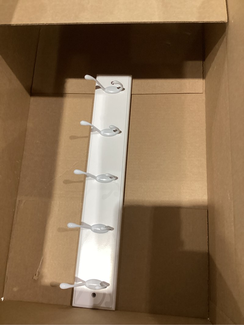 Condition photo showing As Is for similar to not exact badiano wooden coat rack, wall-mounted organizer for closet, entryway, hallway, foyer, bedroom, heavy duty double hooks for hanging towels, bags, hats, jackets, key (white, 5 hooks) white 5 hooks