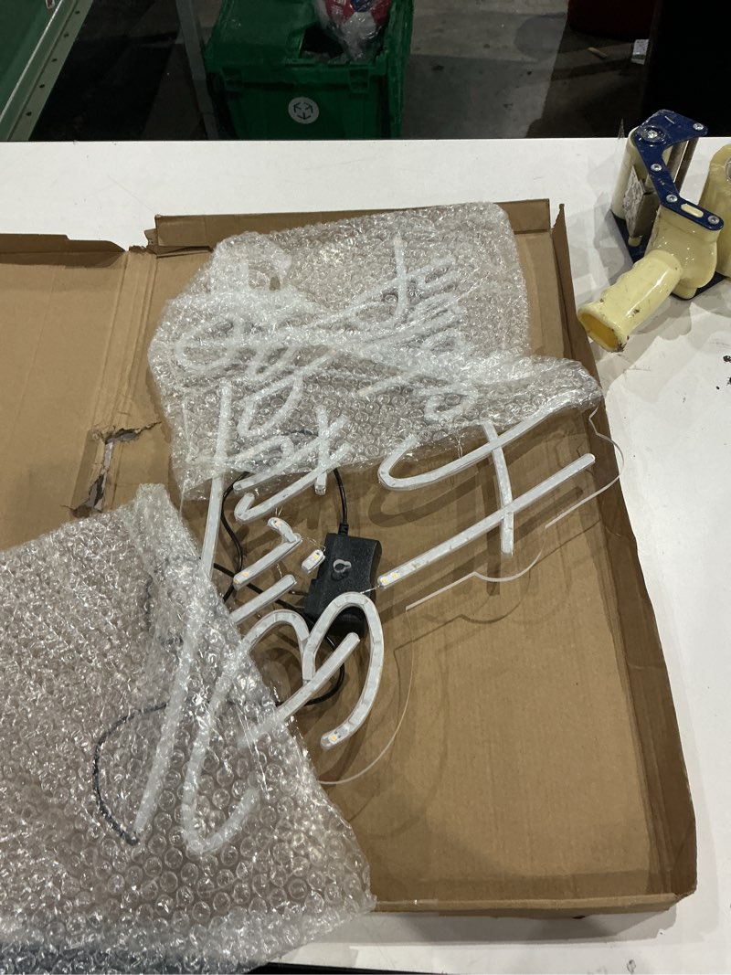 Condition photo showing As Is for large happy birthday neon sign, 12v led sign for wall decor (22.4 x 14.3 inches) warm white large