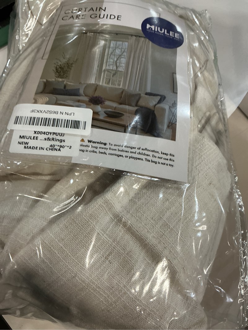 Condition photo showing As Is for miulee pinch pleated thick linen curtains 90 inches long 2 panels for living room bedroom, linen textured memory trained pleat drapes back tab light filtering nautral ivory window curtains with hooks