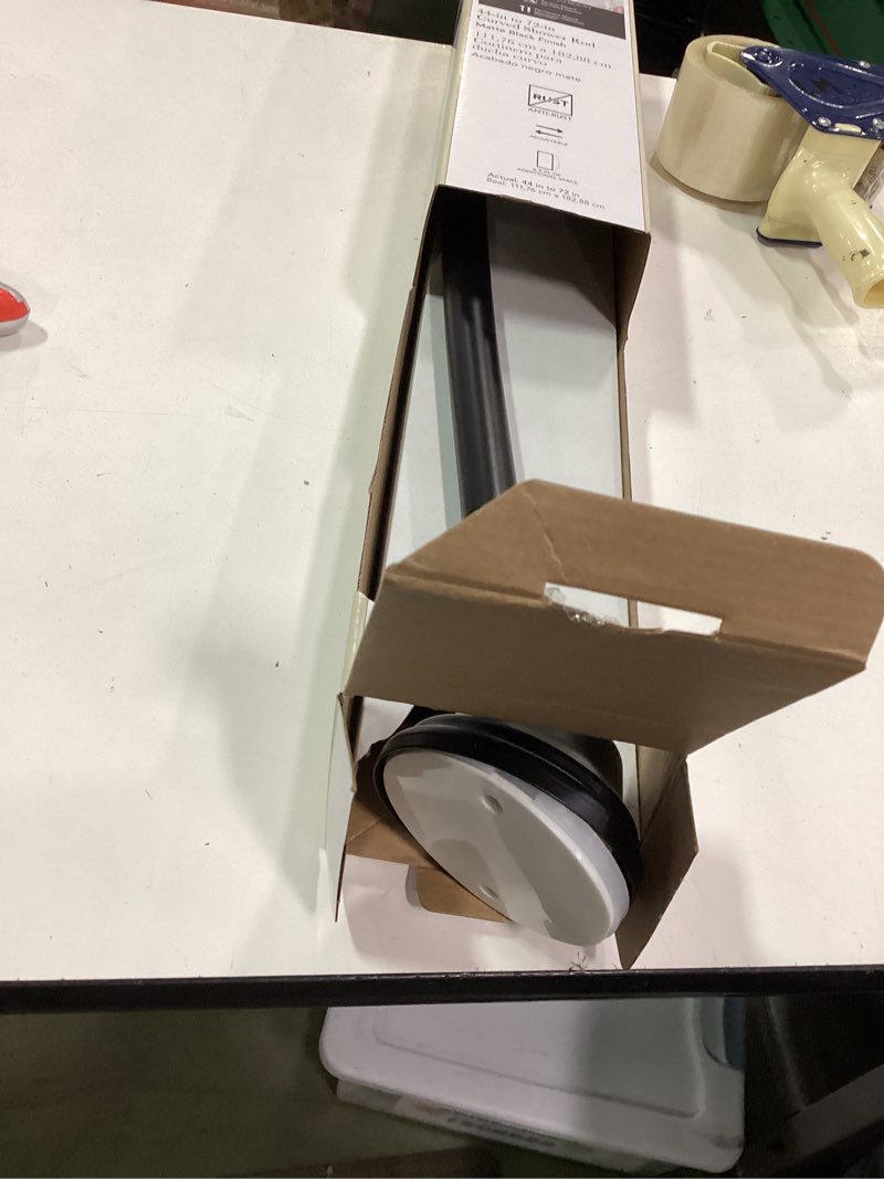 Condition photo showing As Is for allen + roth 44-in to 72-in Matte Black Fixed or tension Single curve Adjustable Shower Curtain Rod