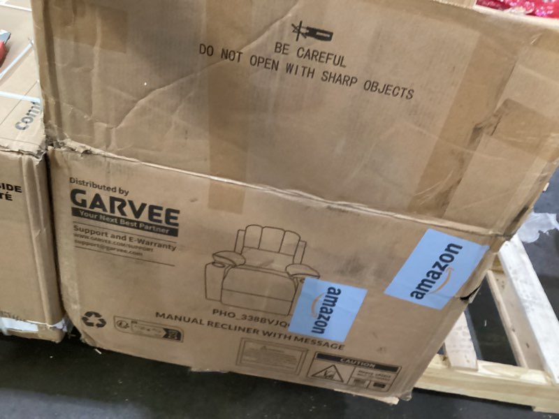 Condition photo showing New/Like New for Garvee 22" Massage Recliner Chair for Adults, Lazy Boy Recliner with Vibrating and Heating, PU Leather Recliner with Cup Holders and Side Pockets, for Living Room, Bedroom, and Nursery, Coffee