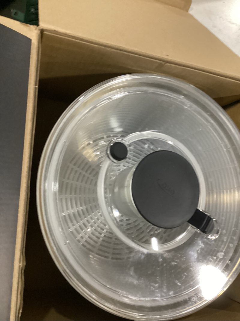 Condition photo showing As Is for oxo steel salad spinner 6-2/74-quart stainless steel salad spinner