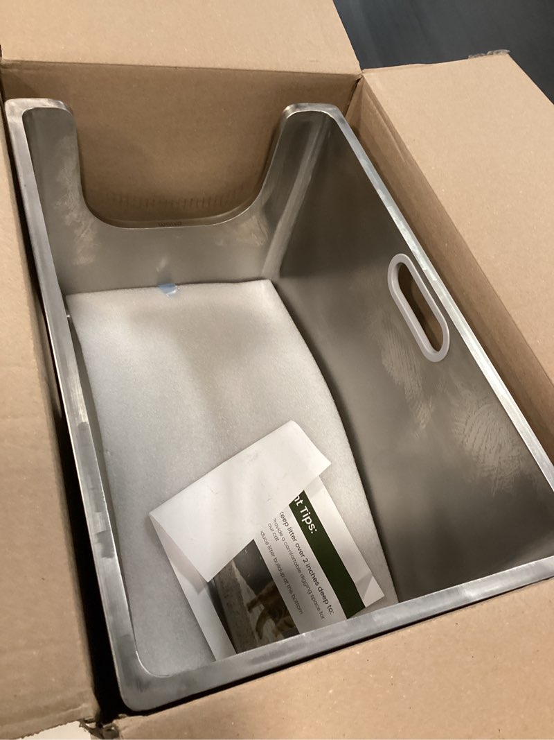 Condition photo showing As Is for stainless steel litter box 13.7'' high sides, xl metal cat litter box with curved low entry, cat litter pan for big & multiple cats, pet toliet with handy wheels for easy moving 20"l x 12.2"w x 13.7"h