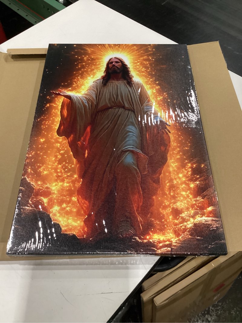 Condition photo showing New/Like New for christian jesus canvas wall art easter poster printing faith prayer sacred pictures wall decor bringing light from darkness modern jesus suitable for living room, bedroom, church, office room decor?16*24 ?canvas dark gold jesus canvas 24"l x 16"w