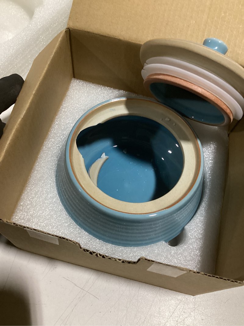 Condition photo showing As Is for retro kitchen ceramic canister, 13.53 fl oz (400 ml) vintage food storage jar for tea, coffee beans, herb, candy, spices, nuts (blue(ice))