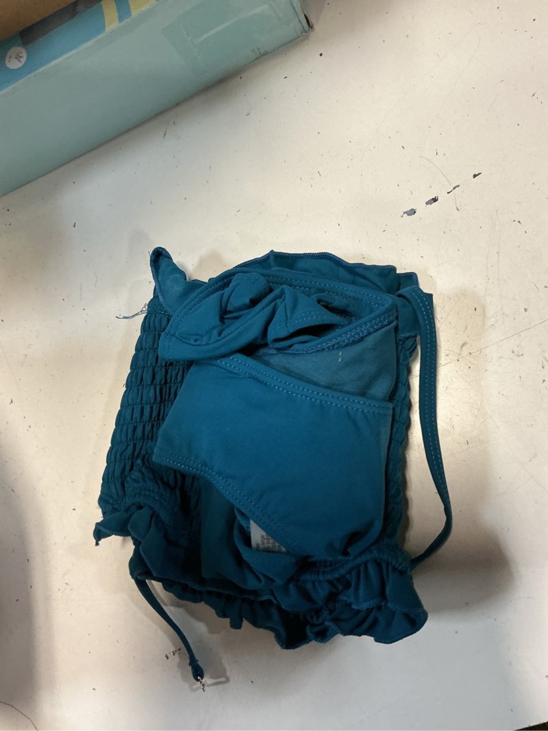 Condition photo showing Good Condition for tempt me women bandeau high waisted bikini sets smocked swimsuit strapless two piece bathing suit small blue green