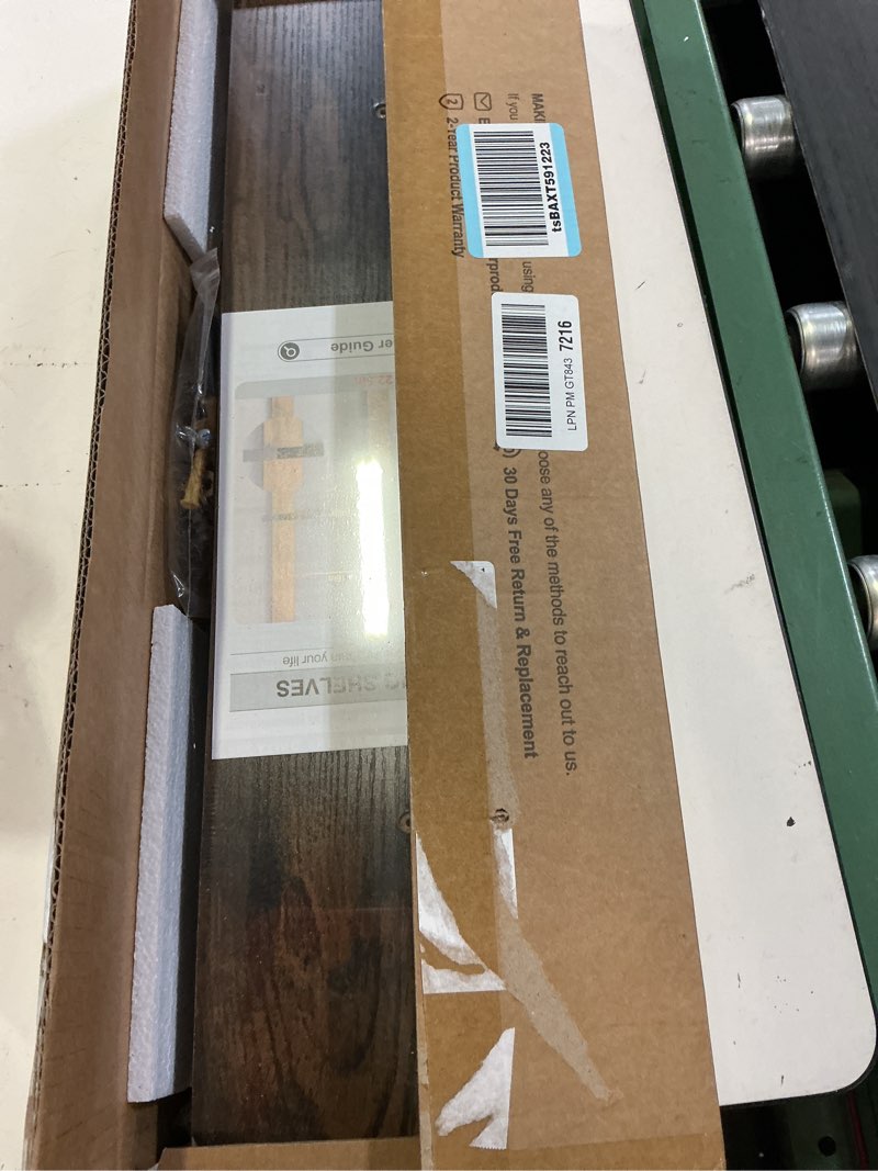 Condition photo showing New/Like New for bayka floating shelves set of 2, 22.5 inches farmhouse rustic wood wall mounted shelves for bathroom, bedroom, living room or kitchen, hanging shelf decor book with 22lbs capacity, rustic brown b. rustic brown - americana farmhouse style 22.5inches