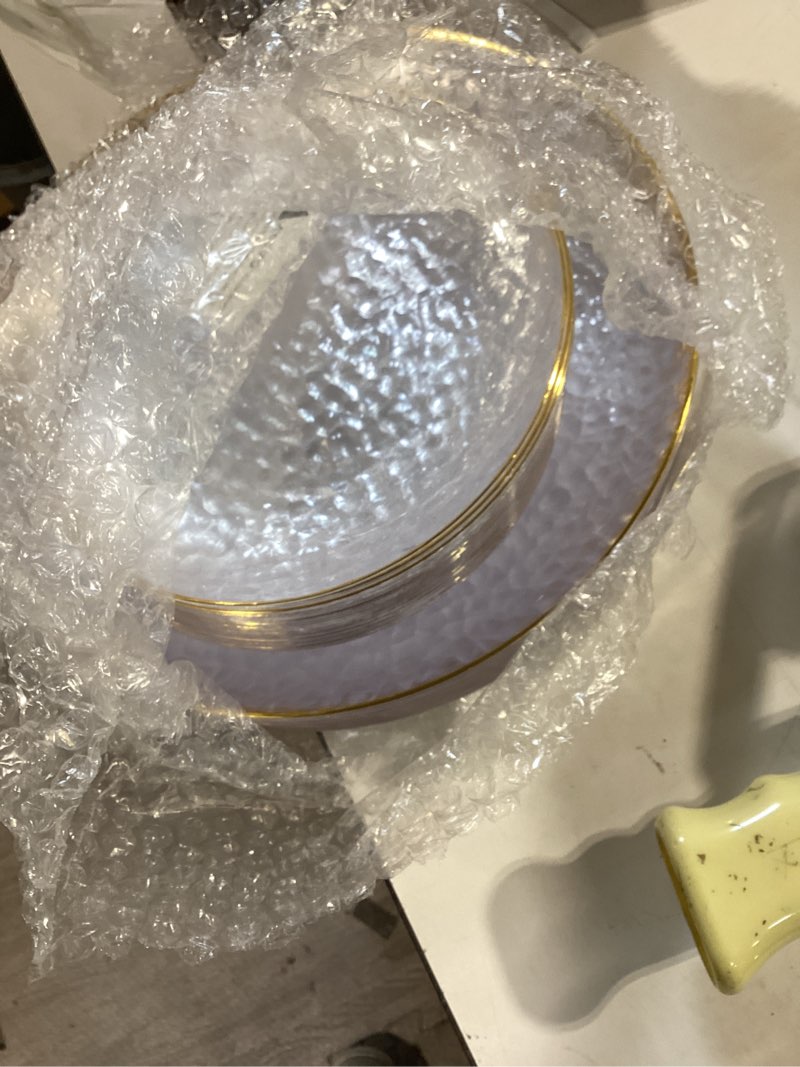 Condition photo showing Good Condition for rubtlamp 60pcs clear plastic plates,clear disposable plates with gold rim,heavy-duty gold plates,hammered party plates include 30clear dessert-platos,30dinner-platos for wedding, party clear gold