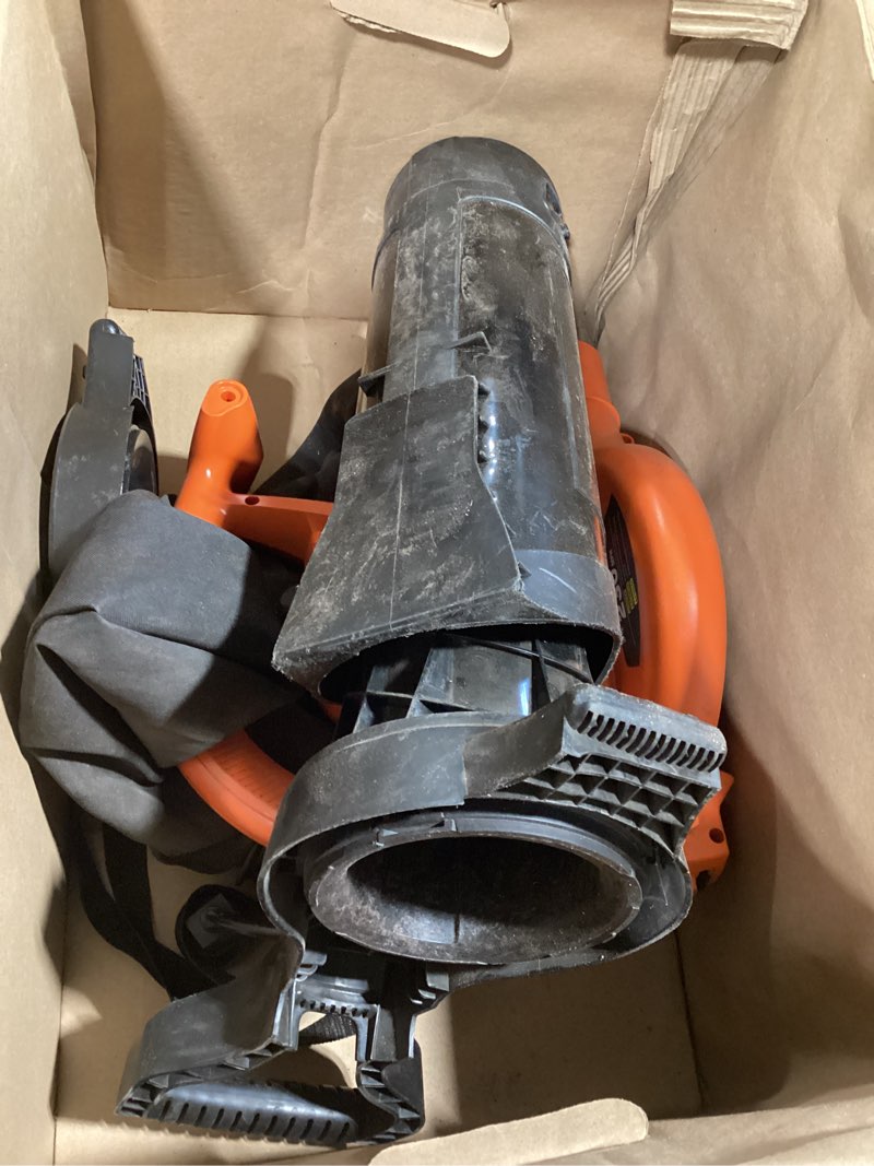 Condition photo showing As Is for black+decker corded leaf blower leaf vacuum and leaf mulcher 3-in-1, up to 230 mph, 12 amp handheld blower and vacuum combo (bv3600)