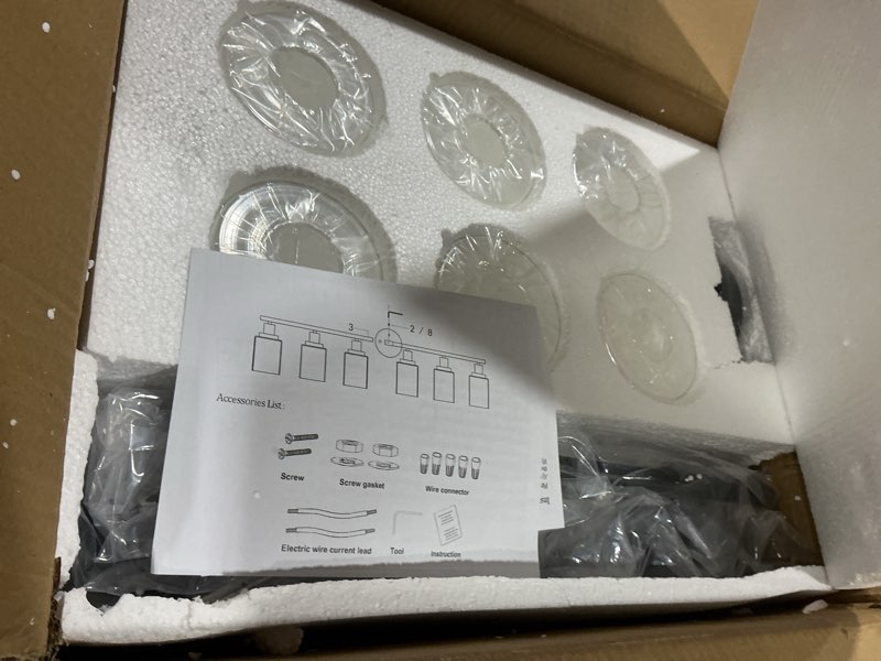 Condition photo showing Good Condition for 6-Light E26 Black Bathroom Vanity Lights, Modern Bathroom Light Fixtures with Clear Glass Shade, Wall Lamps for Mirror Hallway Kitchen Cabinet Living Room Sconces Lights Black 6-Light, Clear Glass Shades