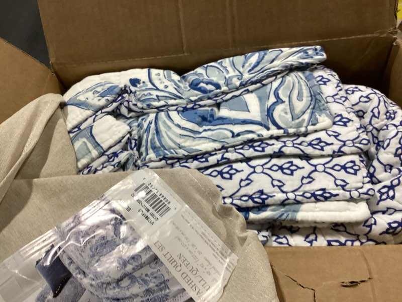 Condition photo showing Good Condition for levtex home - bennett quilt set - full/queen quilt, two standard pillow shams - floral paisley - blue and white - quilt (88x92in.) and pillow sham size (26x20in.) - reversible - cotton quilt - full/queen blue
