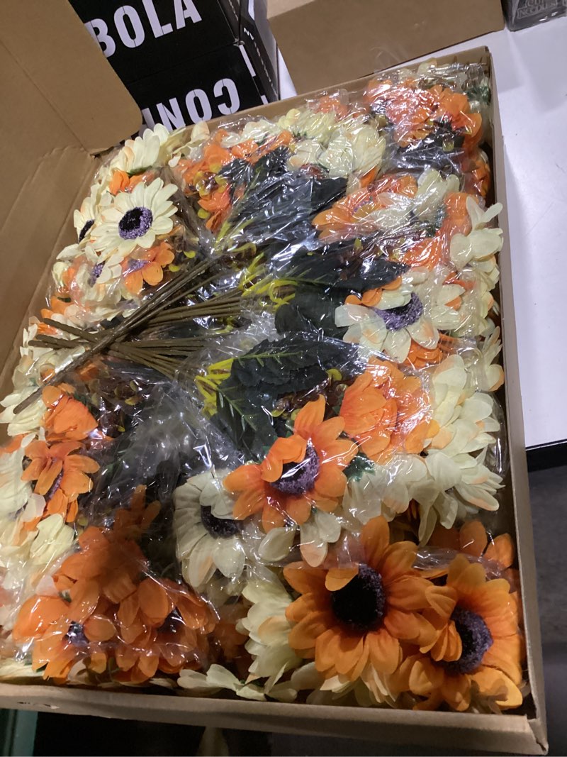 Condition photo showing Good Condition for Artificial Daisy Flowers 24 Bundles Fall Flowers with 10 Sunflowers Head Autumn Outdoor Fake Flowers for Window Box Garden Porch Centerpieces Wedding Orange Orange 24