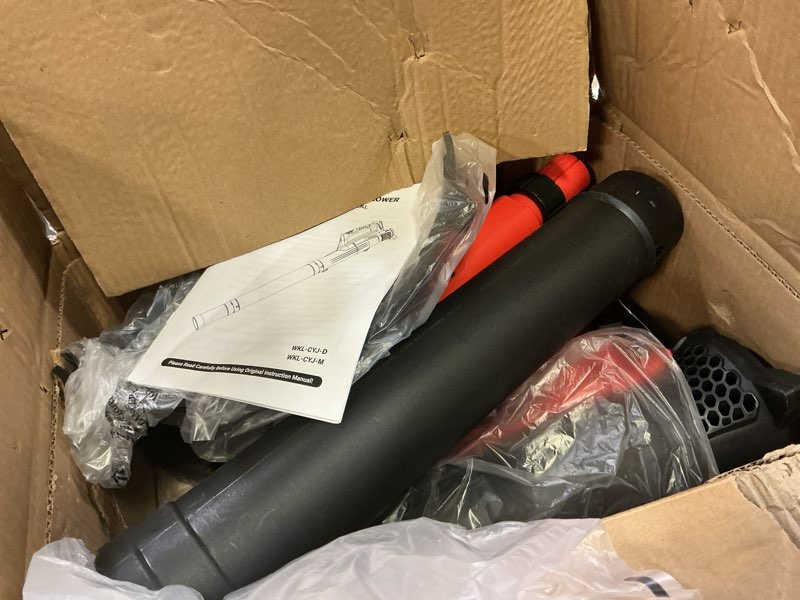 Condition photo showing As Is for electric weed wacker and leaf blower (no battery) compatible with milwaukee18v battery, auto feed string trimmer and 7 speed leaf blower light red