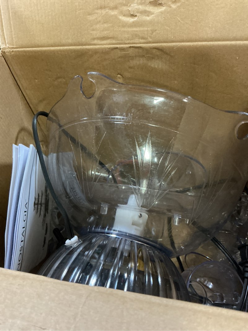 Condition photo showing As Is for nostalgia 3-tier party fountain holds 1 gallon, led lighted base, includes 5 reusable cups, clear