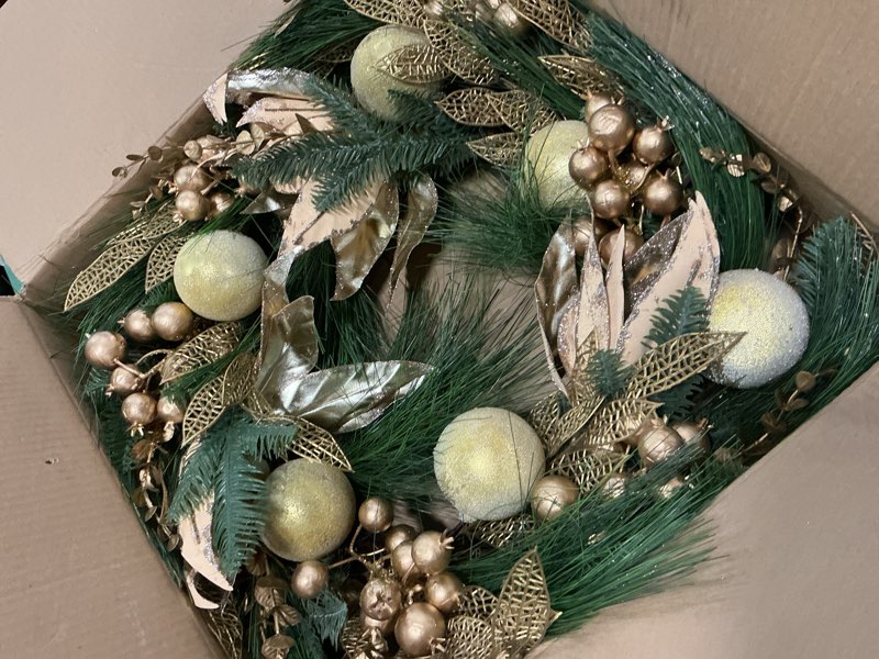 Condition photo showing Good Condition for Hollyone Poinsettia Wreath Gold Christmas Wreath Outdoor 24inch Christmas Wreaths Large for Front Door Wreaths with Poinsettia Flowers Berries Magnolia Leaves for Home Wall Window Festival Decorations