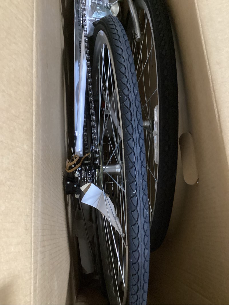 Condition photo showing Good Condition for possibly incomplete /used schwinn wayfarer hybrid bike, 700c mens and womens bike, 7-speed hybrid bicycle, retro steel frame, front and rear linear pull brakes, fenders, cargo space, adult bicycle white 17-inch frame step-through frame
