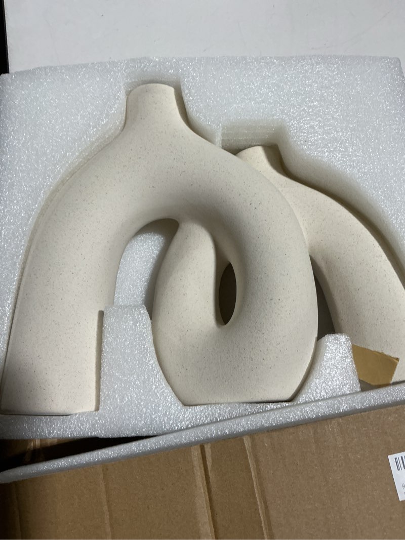 Condition photo showing Good Condition for Cream White Decorative Vase Set - Modern Hug Donut Ceramic Vases by JAS & JAX GOODS, Minimalist Boho Style Centerpiece for Console Table, Living Room, Bookshelf, or Fireplace Mantel