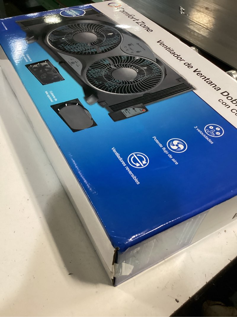 Condition photo showing New/Like New for comfort zone 9-inch reversible twin window fan with remote control – 3-speed dual blade fan with exhaust, cooling & circulate modes, expandable width 23.5" to 37", removable bug screen & tabletop feet black 3-speed w/remote
