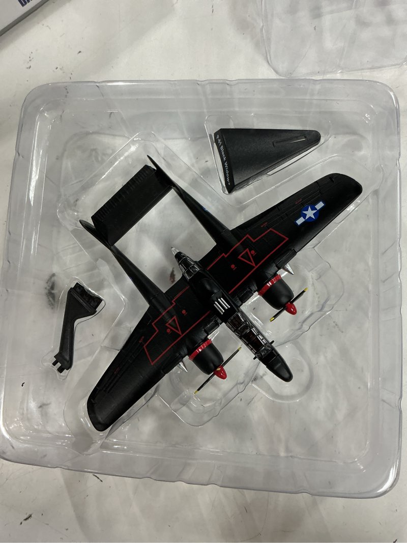 Condition photo showing Good Condition for postage stamp p-61 black widow lady in the dark 1/120 diecast fighter jet model airplane with display stand, detailed military aircraft model for collectors black widow lady in black