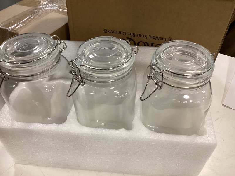 Condition photo showing Good Condition for SUROQUE Glass Jars with Airtight Lid, Large Glass Food Storage Jars, 3 Pack Wide Mouth Airtight Glass Jars ffor Flour, Cereal, Coffee, Pasta and Canning(70OZ) 70OZ/2L